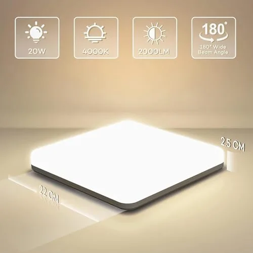 OUILA ▫️ Luminária de teto LED, 20 W, 2000 lm, 4000 K, Luminárias de teto, IP44, Branco Natural, Quadrada, Ultrafina, Luminária LED de teto para sala, casa de banho, varanda, quarto, corredor e cozinha 2