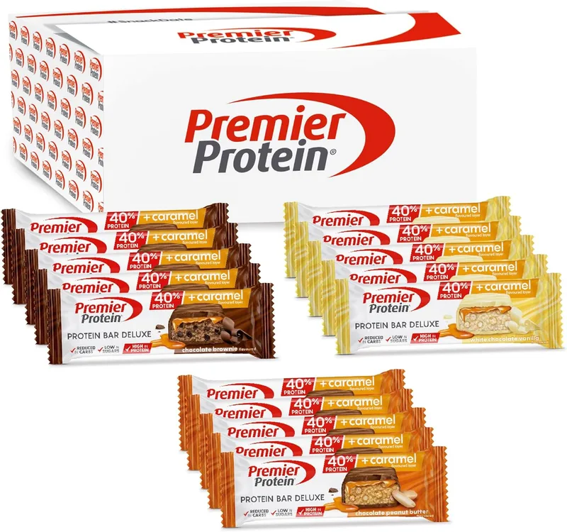 Premier Protein ▫️ Barra Proteica Deluxe 40% - Caixa com vários sabores - 15 x 50 g - Baixo teor de açúcar - Baixo teor de hidratos de carbono - sem óleo de palma