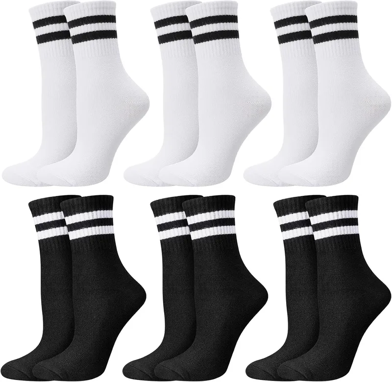 Utensilsto ▫️ Conjunto de 6 pares de meias desportivas para homem e mulher, meias de ténis às riscas, meias de algodão, unissexo, brancas e pretas, meias desportivas para mulher e homem