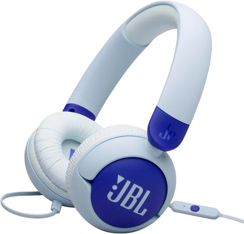 JBL ▫️ Junior 320, auscultadores supra-aurais para crianças, com microfone incorporado, som seguro, volume até 85 dB, almofadas para os ouvidos espessas e macias, conjunto de autocolantes, design dobrável, azul