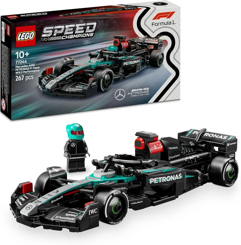 Brinquedo Carro de Corrida LEGO Speed Champions Mercedes-AMG F1 W15, Modelo de Construção de Carro de Fórmula 1 e Minifigura de Condutor Colecionável, Prenda para Crianças com Mais de 10 Anos 77244