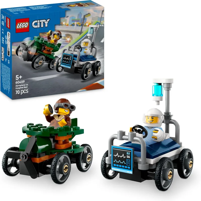 LEGO ▫️ Conjunto City de Carros de Corrida: Avião vs. Cama de Hospital de Brinquedo, Carros de Corrida Loucos com 2 Minifiguras de Piloto e Paciente, Presente para Meninos e Meninas a partir dos 5 Anos 60459