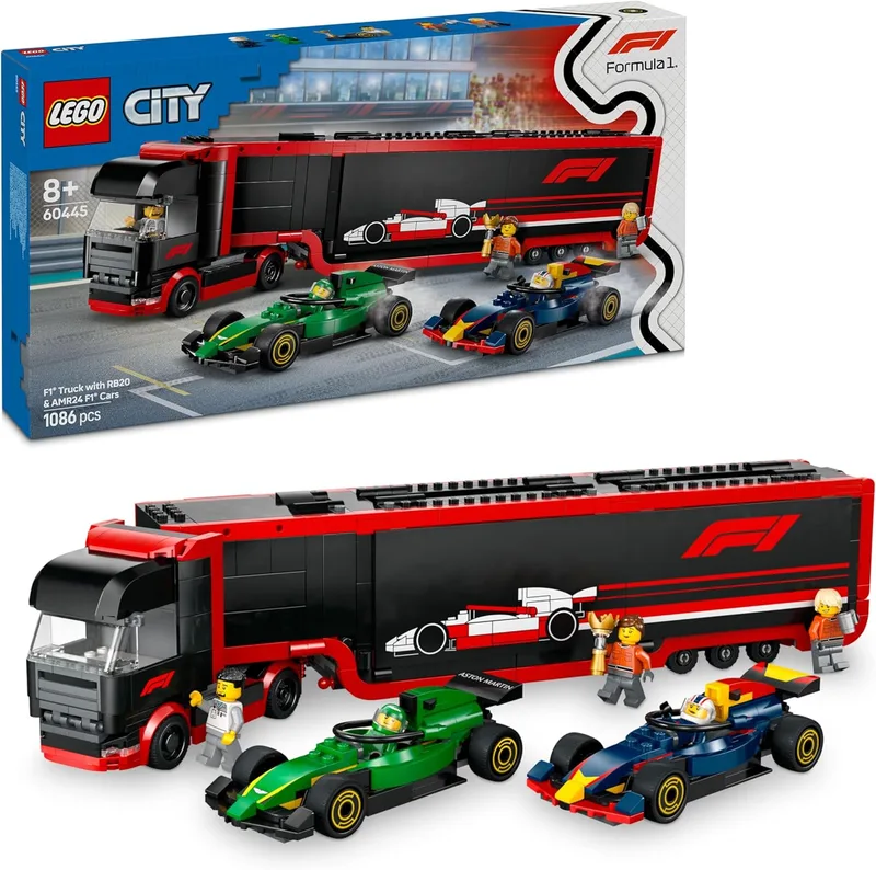 LEGO ▫️ City Camião de F1 com Carros de F1 RB20 e AMR24, 2 maquetes de veículos de Fórmula 1 da Red Bull e da Aston Martin, 2 minifiguras de pilotos e 3 membros da equipa, presente para meninos e meninas a partir dos 8 anos 60445