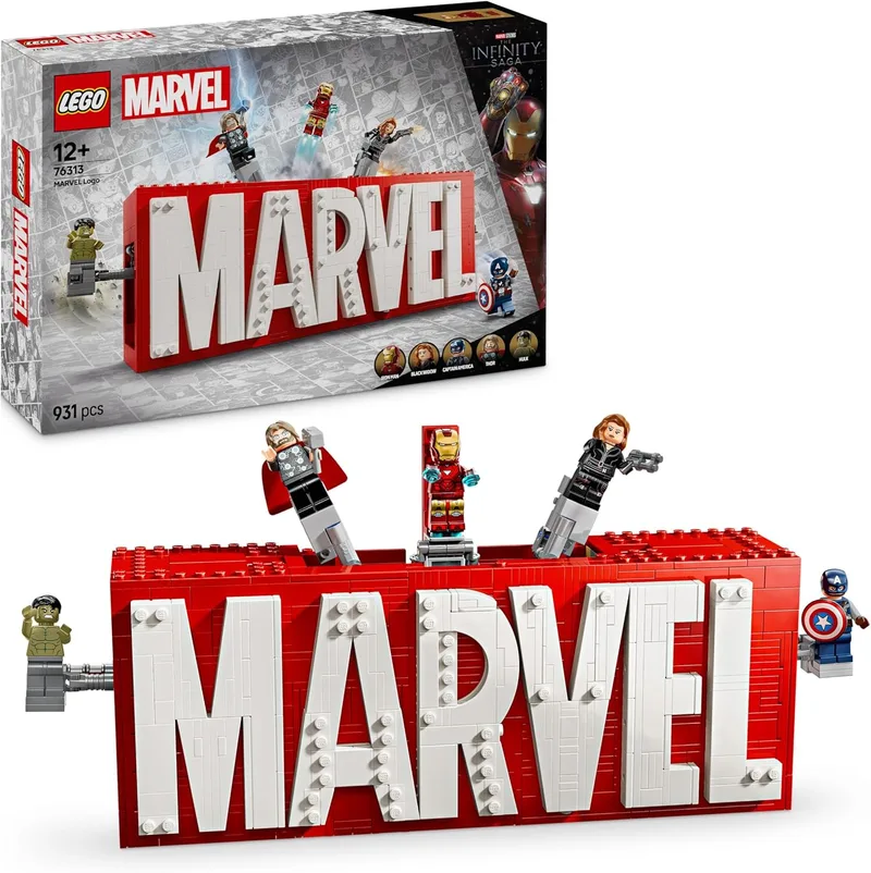 LEGO ▫️ Marvel: Logótipo da MARVEL e minifiguras dos Vingadores — Capitão América, Hulk, Thor, Homem de Ferro e Viúva Negra —, maquete 3D decorativa, brinquedo de super-heróis para meninos e meninas a partir dos 12 anos 76313