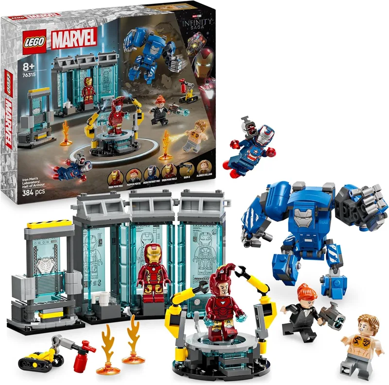LEGO ▫️ Marvel Laboratório do Homem de Ferro: Sala das Armaduras, Brinquedo de Construção de Super-heróis com Figura Mecânica Articulada e 5 Minifiguras, Presente dos Vingadores para Crianças a partir dos 8 anos 76315