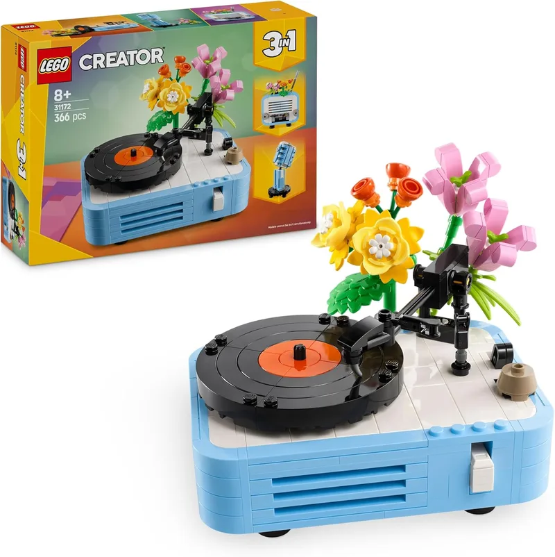 LEGO ▫️ Creator 3 em 1 Gira-discos com Flores Vintage, Conjunto de Construção Musical Transformável em Rádio Retro ou Microfone de Brincar, Brinquedos Musicais para Meninas e Meninos a partir dos 8 anos 31172