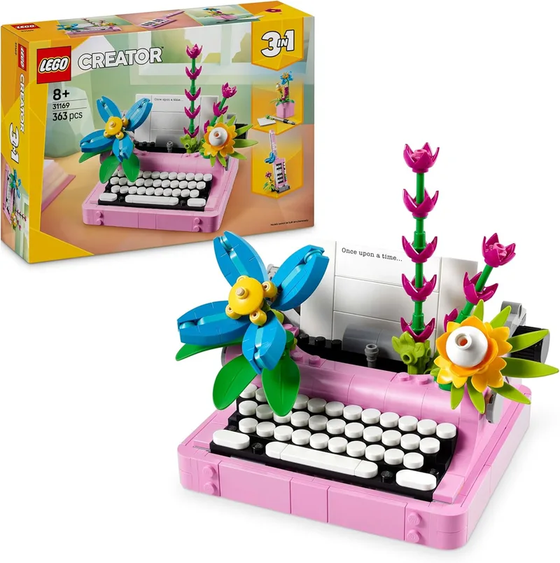 LEGO ▫️ Creator 3 em 1: Máquina de escrever com flores de brinquedo — Transformável em teclado musical Keytar ou vaso de flores com caneta e caderno — Presente de aniversário para meninas e meninos a partir dos 8 anos 31169