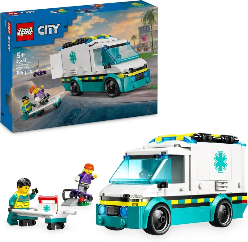 Brinquedo de construção de ambulância de emergência LEGO City, conjunto de jogo do médico com veículo e minifiguras, prenda educativa Montessori para rapazes e raparigas a partir dos 5 anos 60451