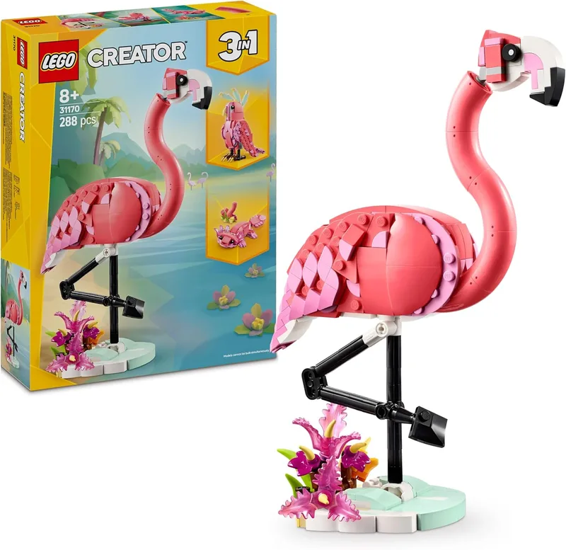 LEGO ▫️ Creator 3 em 1 Fauna Selvagem: Flamingo Rosa de Brinquedo - Transformável em Cacatuá ou Axolote - Conjunto com Figuras Articuladas de Animais - Presente de Aniversário para Meninas e Meninos a partir dos 8 anos 31170