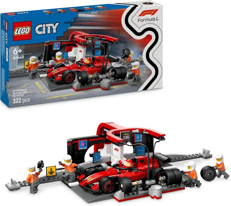 LEGO ▫️ City: Paragem nas Box da F1 e Equipa de Mecânicos com Carro Ferrari de Brinquedo para Meninos e Meninas a partir dos 6 anos, Maquete de Corrida de Fórmula 1 com Pit Stop e Minifigura de Piloto 60443