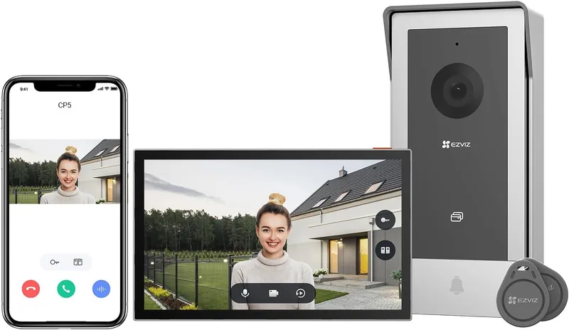 EZVIZ ▫️ Sistema de intercomunicação com videoporteiro Wi-Fi 1080P, monitor tátil a cores de 7'', campainha com videovisor de 2 fios, desbloqueio remoto,Áudio bidirecional, banda dupla (2,4/5 GHz), design fino, CP5
