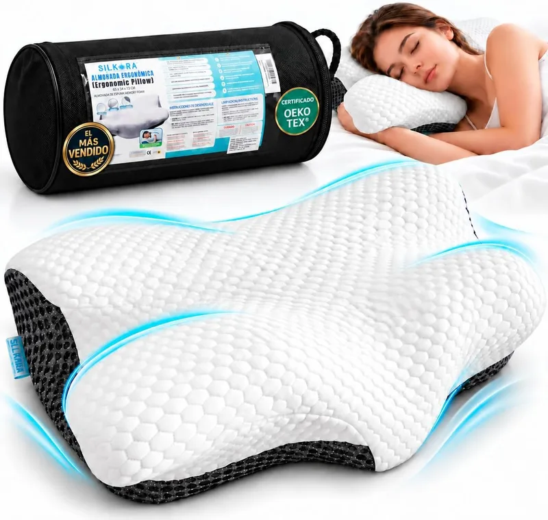 SILKORA ▫️ ️ | Almofada cervical premium | Almofada cervical japonesa viscoelástica e ergonómica | Almofada japonesa para dormir de lado e de barriga para cima | Dupla altura e capa lavável