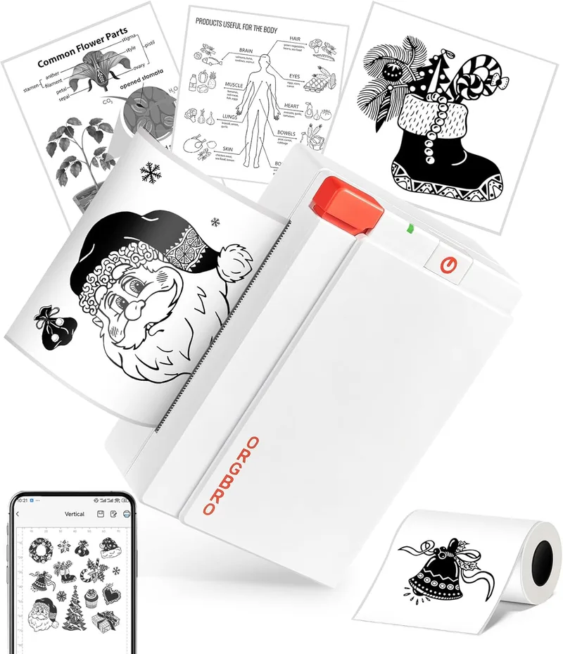 ORGBRO ▫️ Mini impressora térmica X3 Bluetooth Impressora autocolante portátil, com 1 rolo de papel térmico, impressora fotográfica 300DPI adequada para notas de estúdio, fotografias, branco