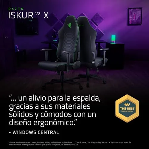 Razer ▫️ Iskur V2 X - Cadeira de jogos essencial com apoio lombar integrado (almofadas moldadas em espuma de alta densidade, apoios de braços 2D, tecido com acabamento suave) Preto 3