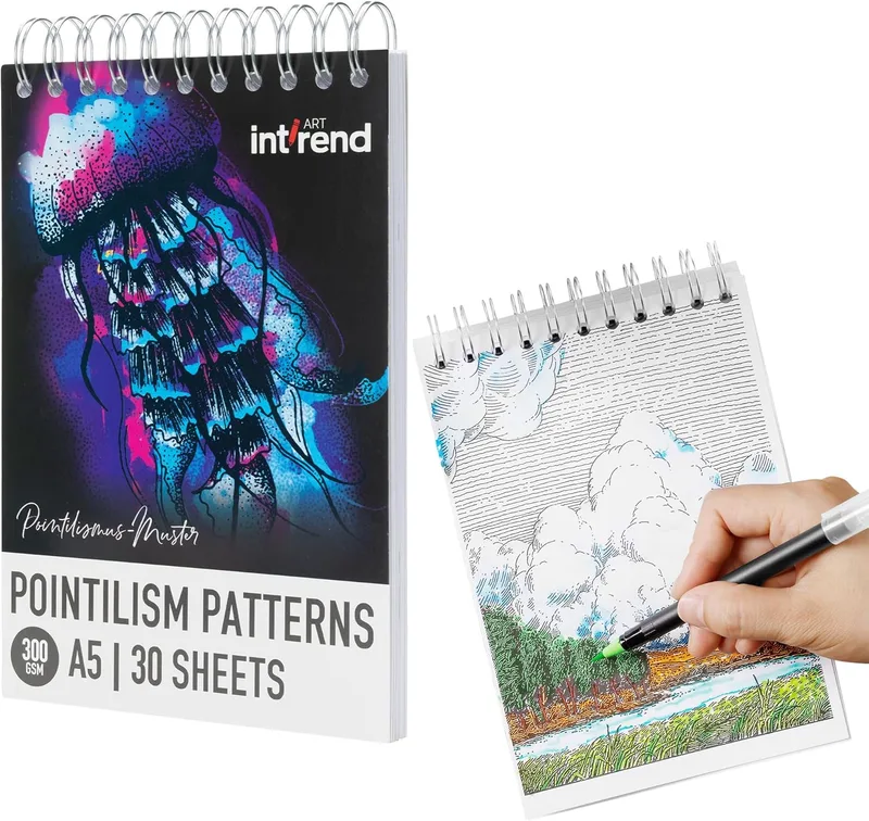 int!rend ▫️ Caderno de Pontilhismo - Bloco para colorir para adultos, formato A5, com papel de 300 g/m² - Com 30 modelos e encadernação em espiral - Adequado para canetas de marcação, pincéis, canetas de tinta e aguarela