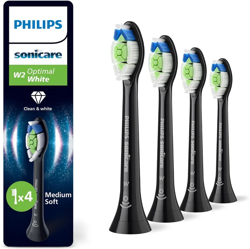 PHILIPS ▫️ Sonicare W2 Optimal White, cabeças de escova de dentes de substituição originais, pretas, embalagem de 4, HX6064/88