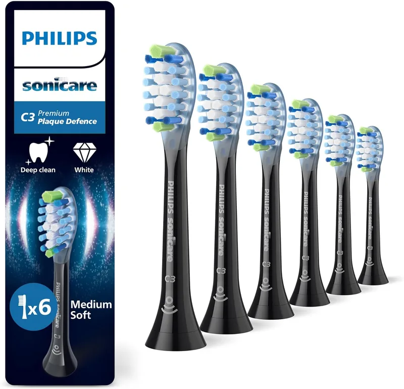 Philips ▫️ Sonicare C3 Premium Plaque Defence, cabeças de substituição genuínas para escovas de dentes, preto, embalagem com 6 unidades, HX9046/88
