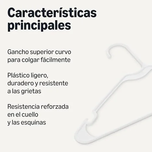 Amazon Basics ▫️ Cabides de plástico para roupa, tamanho adulto, cor branca, embalagem de 50 unidades 2