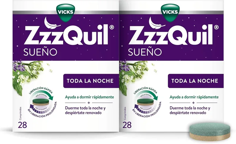 ZzzQuil ▫️ All Night com Melatonina, Valeriana e Vitamina B6, Ajuda a adormecer rapidamente*, libertação prolongada durante 8 horas, 56 comprimidos