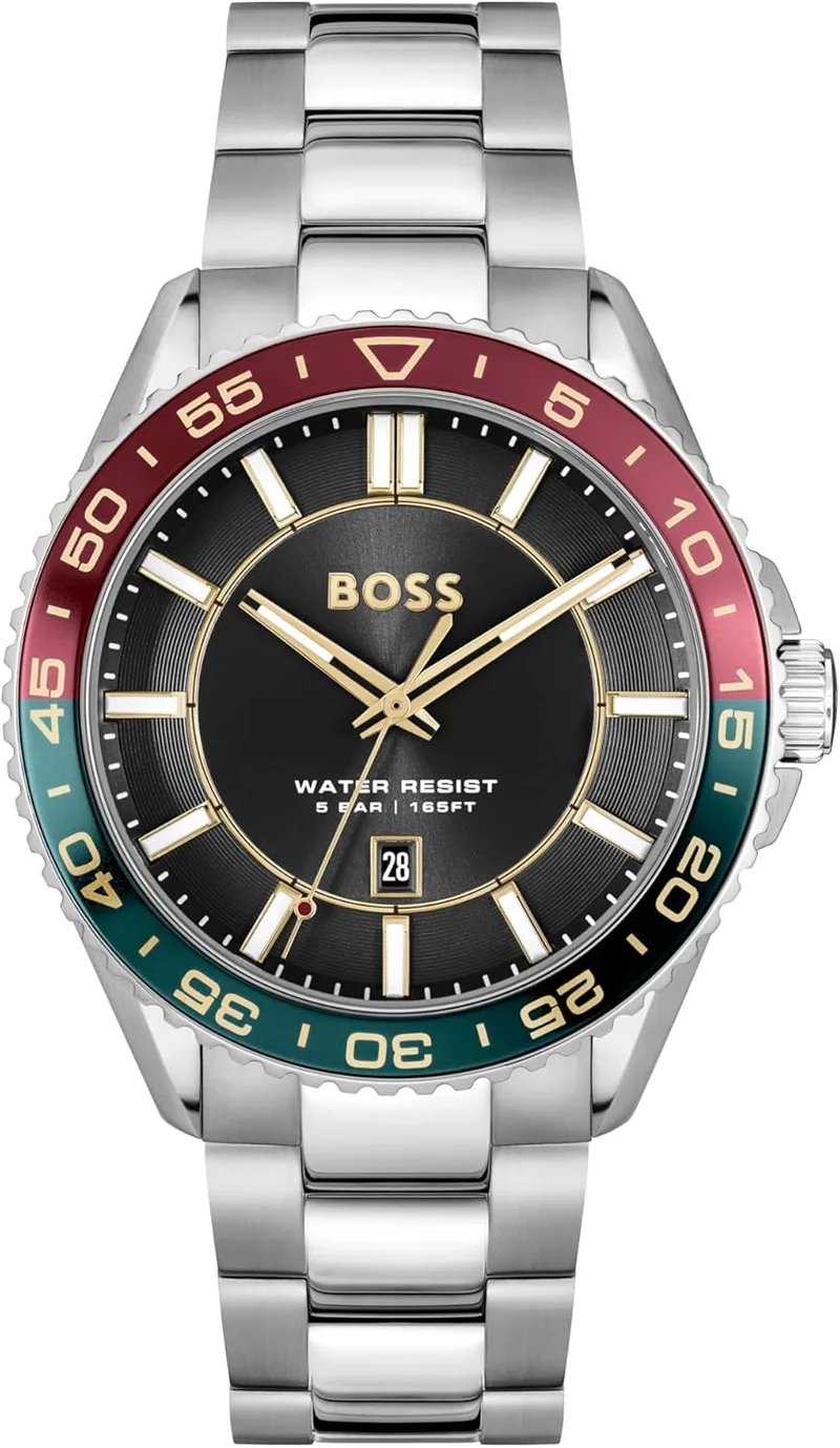 Relógio de três ponteiros com calendário de quartzo e bracelete em aço inoxidável prateado da coleção Runner 3H da BOSS para homem - Disponível com mostrador azul claro, azul verde ou preto