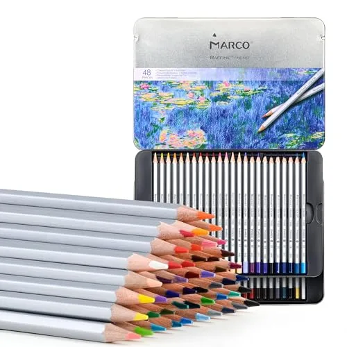 MARCO ▫️ Lápis de cor série 7100 – 48 cores para adultos – Minas grossas de giz a óleo – Corpo hexagonal em madeira – Ideal para principiantes e adultos – Caixa de ferro com 3