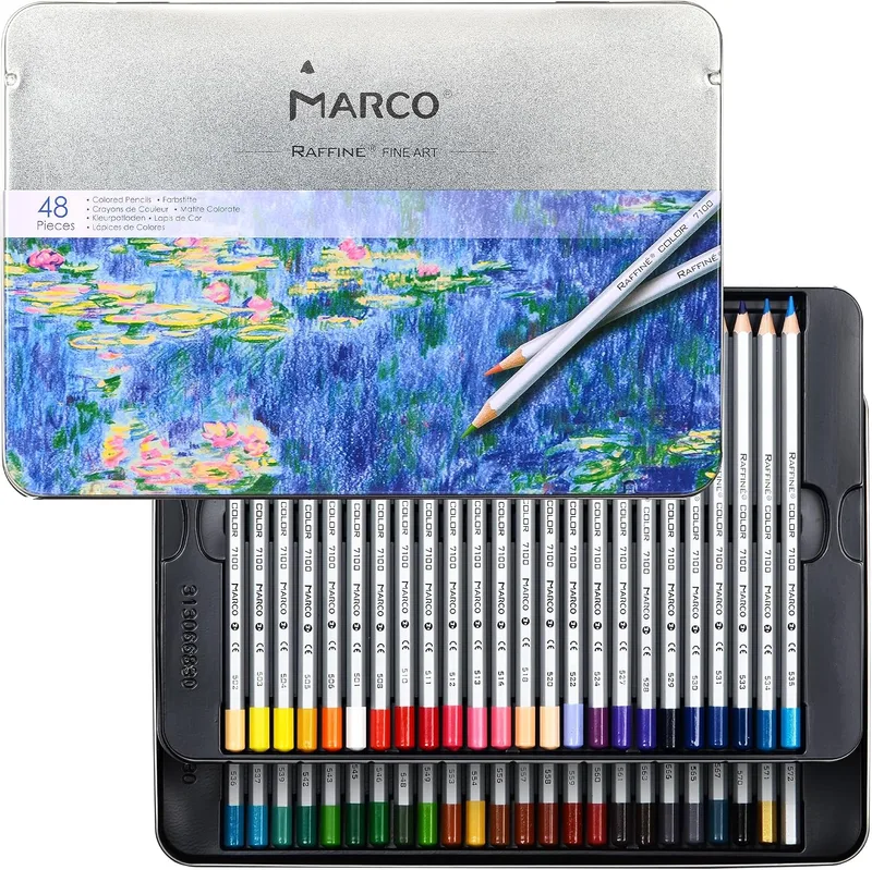 MARCO ▫️ Lápis de cor série 7100 – 48 cores para adultos – Minas grossas de giz a óleo – Corpo hexagonal em madeira – Ideal para principiantes e adultos – Caixa de ferro com