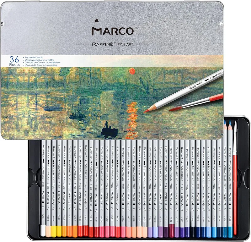 MARCO ▫️ Lápis de cor solúveis em água para adultos e artistas - 36 cores, lápis de madeira de formato hexagonal, com pincel, em lata de ferro, ideais para ilustrações, graffiti e trabalhos manuais