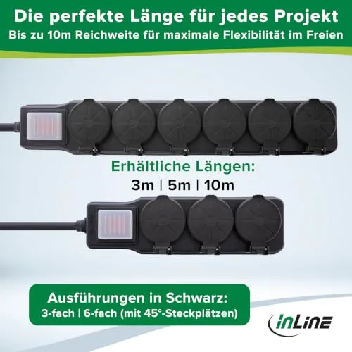 InLine ▫️ Extensão com 6 tomadas, IP44, com interruptor de ligar/desligar iluminado, maior proteção contra contacto, comprimento: 3 m, 16496O 3