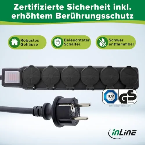 InLine ▫️ Extensão com 6 tomadas, IP44, com interruptor de ligar/desligar iluminado, maior proteção contra contacto, comprimento: 3 m, 16496O 5