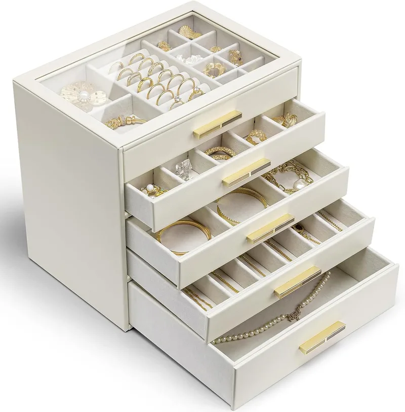 VLANDO ▫️ Caixa para jóias grande caixa para jóias de 5 níveis, organizador de jóias com tampa de vidro, 5 gavetas, para colares, brincos, relógios, pulseiras, arrumação de jóias, moderna, Cinderella Plus, Bege