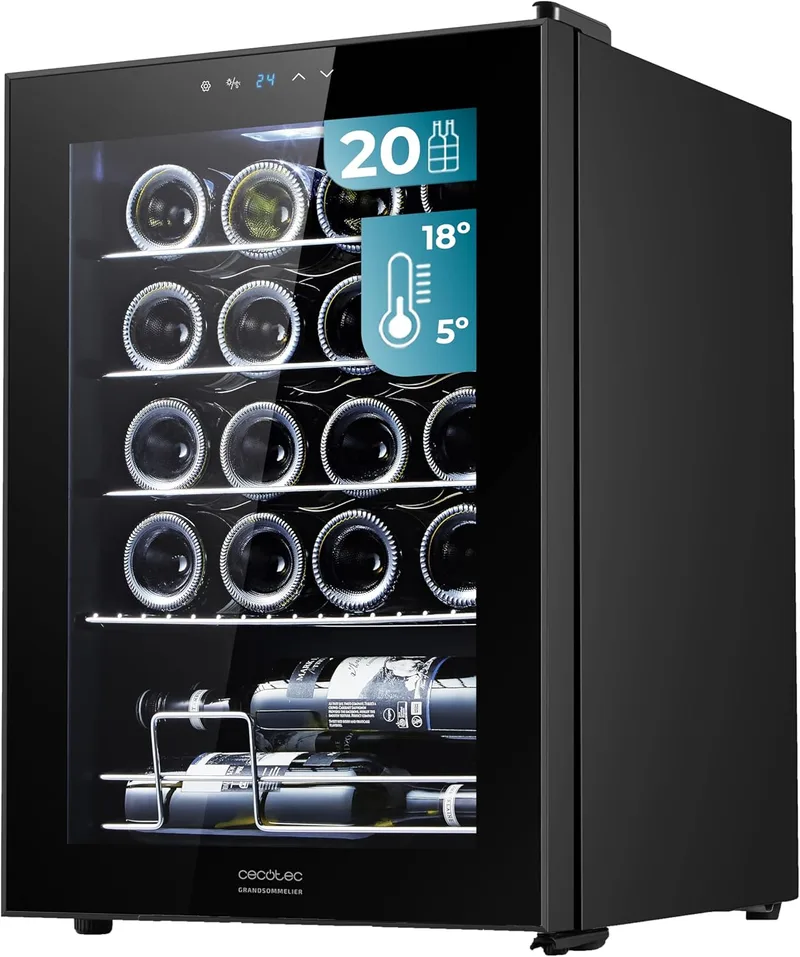 Cecotec ▫️ Vinoteca, Adega para 20 garrafas Bolero GrandSommelier 2050 Black Compressor. Temperatura regulável entre 5 e 18 ºC, alto rendimento, funcionamento silencioso e sem vibrações
