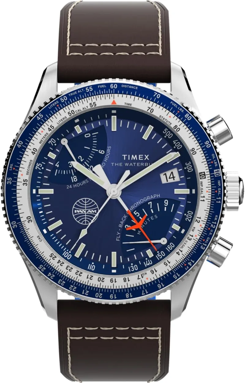 Timex ▫️ Cronógrafo Flyback x Pan Am (43 mm), Mostrador azul, Bracelete em pele castanha TW2W97200
