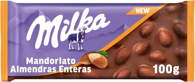 Milka ▫️ Alpine Chocolate de leite com amêndoas inteiras, 100 g