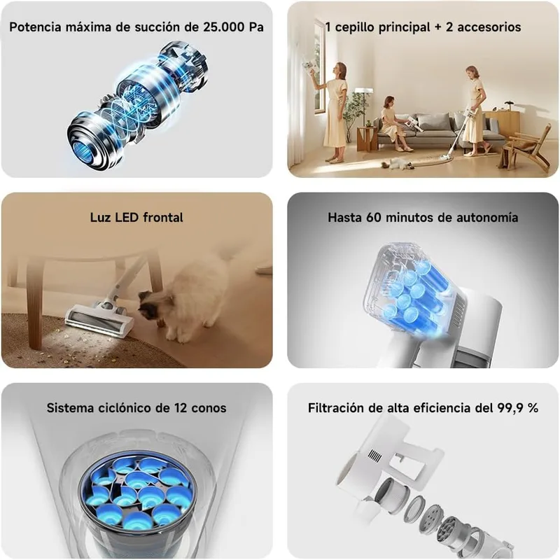 Xiaomi ▫️ Aspirador sem fios G20, 25 kPa / 150 AW, 60 min de autonomia, filtragem de 99,9%, com luz frontal para deteção de pó, ideal para pisos duros, tapetes e pêlos de animais de estimação, branco 2