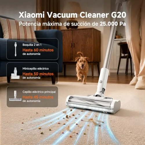 Xiaomi ▫️ Aspirador sem fios G20, 25 kPa / 150 AW, 60 min de autonomia, filtragem de 99,9%, com luz frontal para deteção de pó, ideal para pisos duros, tapetes e pêlos de animais de estimação, branco 3