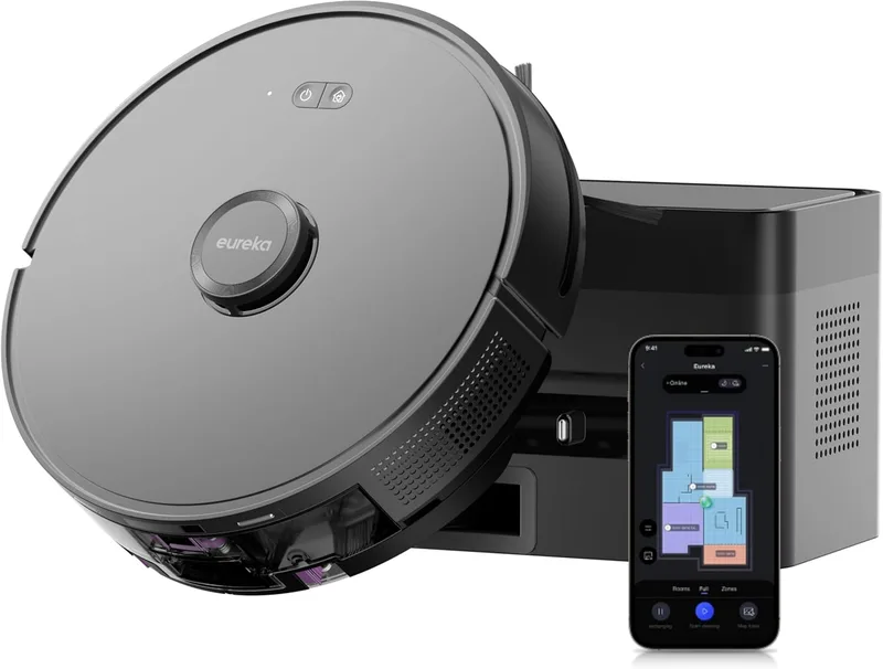 EUREKA ▫️ Aspirador e esfregão robô E6 Plus, sucção potente de 5000Pa, base de esvaziamento automático de 2,5L, sistema LiDAR preciso, controlo por aplicação, design anti-emaranhado, economizador de espaço, mapeamento multicamadas