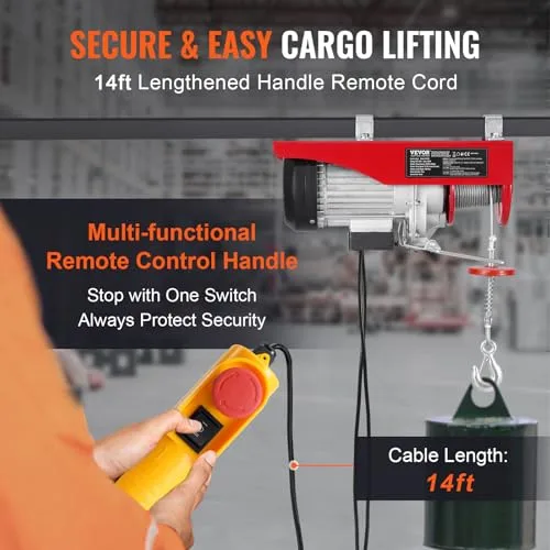 VEVOR ▫️ Talha Elétrica Capacidade de 400 kg Guincho Elétrico 230 V Controlo Remoto com Cabo de 4,2 m Eslingas Simples e Duplas Paragem de Emergência Talha Elevatória para Garagem, Armazém, Fábrica 3