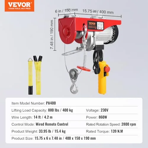 VEVOR ▫️ Talha Elétrica Capacidade de 400 kg Guincho Elétrico 230 V Controlo Remoto com Cabo de 4,2 m Eslingas Simples e Duplas Paragem de Emergência Talha Elevatória para Garagem, Armazém, Fábrica 7