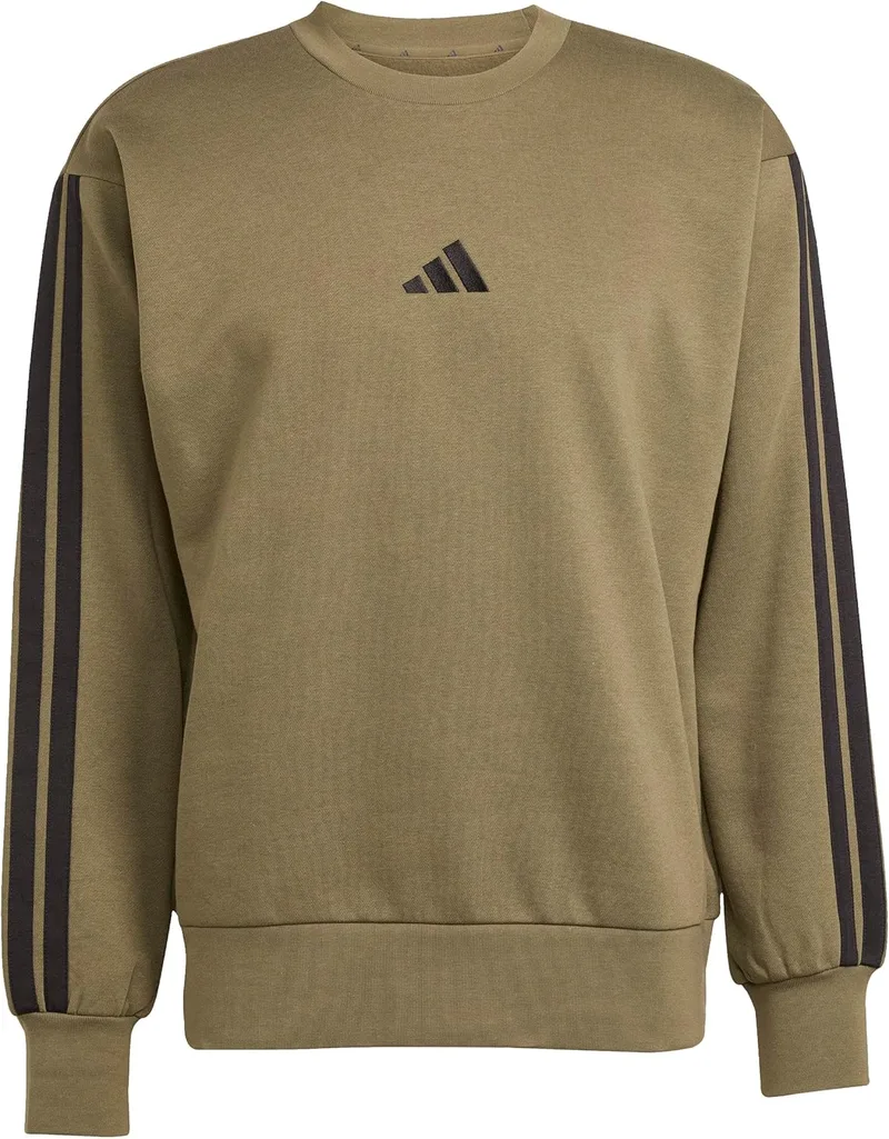 adidas ▫️ Camisola Uomo Essential Three Stripes Fleece Sweatshirt, Estratos de azeitona/Preto, M
