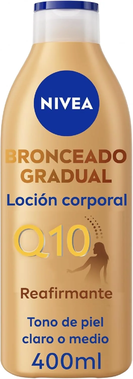 NIVEA ▫️ Q10 Loção Corporal Reafirmante + Autobronzeadora (400 ml), creme hidratante corporal com coenzima Q10, creme autobronzeador para tons de pele claros a médios