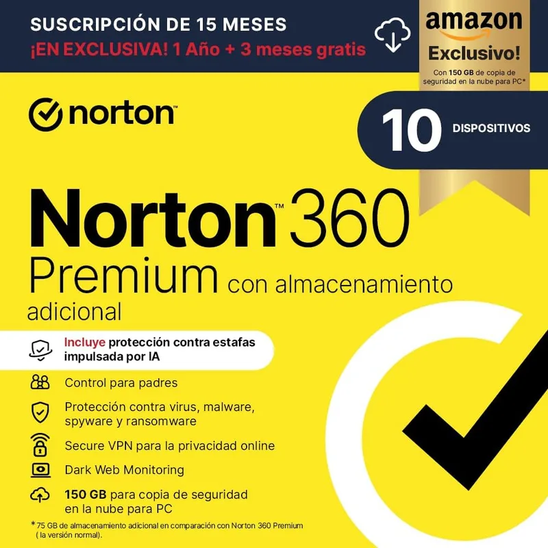 Norton ▫️ 360 Premium Exclusivo da Amazon* | Antivírus para 10 dispositivos | 15 meses | Transferência digital