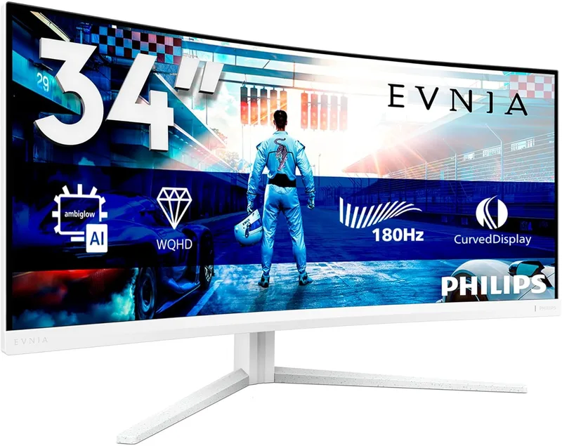 Philips ▫️ EVNIA 34M2C5501A - Monitor 34 polegadas UWQHD curvo, WLED, 180 Hz, VA rápido, 1 ms GtG, HDR10, sincronização adaptativa, colunas, ajustável em altura (3440x1440, 2X HDMI 2.0, 1x DP 1.4, USB-Hub) Cinzento