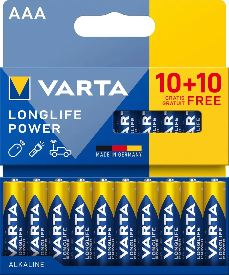 VARTA Longlife Power - Pilhas alcalinas AAA (20 unid., 1,5 V, ideais para máquinas fotográficas digitais, controladores, aparelhos de medição da tensão arterial) Embalagem sem plástico