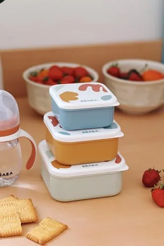 Béaba ▫️ Conjunto de 3 caixas de lanche para bebés e crianças, ideal para jardim de infância, escola e creche, compacto, fácil de abrir e limpar, adequado para a máquina de lavar louça e micro-ondas, 230 ml/350 ml/500 ml, divertido 5