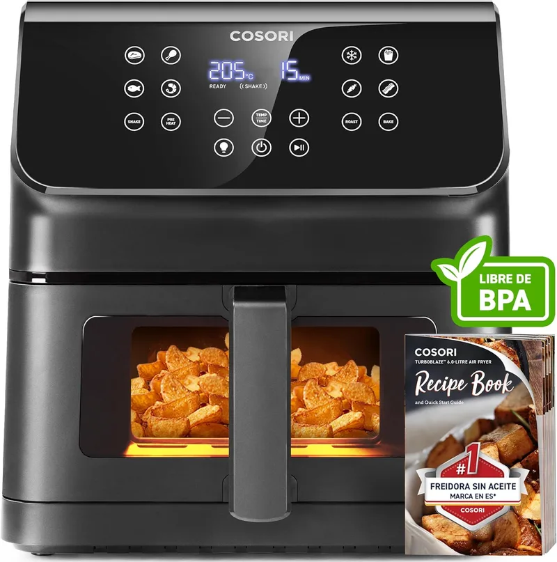 Cosori ▫️ Practical Air Fryer 6,2L with Window Air Fryer 1700W, Rapid Air Technology, 55% menos energia, 13 modos automáticos, fácil utilização, painel tátil LED, interior em aço inoxidável, até 205ºC e 60 Min.