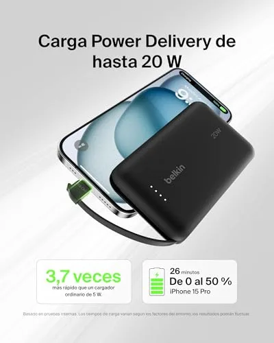 Belkin ▫️ Bateria externa BoostCharge de 10 000 mAh com cabo USB-C - Preto 2