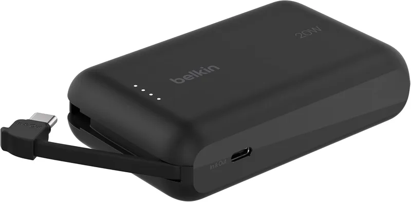 Bateria externa Belkin BoostCharge 10.000 mAh, banco de potência portátil com cabo PD integrado (20W), carregamento rápido via USB-C Power Delivery 10K, carregador de telemóvel, iPhone 16, iPad Pro, Galaxy S24 e outros