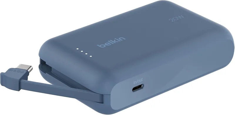 Belkin ▫️ Bateria externa BoostCharge de 10 000 mAh com cabo USB-C - Azul | Power Bank de 10 000 mAh, 1 porta USB-C e 1 cabo USB-C, 20 W, LED, autorizada como bagagem de mão e pré-carregada