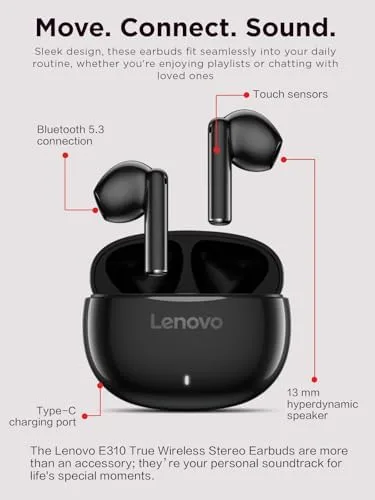 Lenovo ▫️ Auscultadores E310 True Wireless Stereo (sem fios, sensor tátil, porta Type-C, alcance de transmissão de 10 m, cancelamento de ruído ambiente, Bluetooth 5.3) – Cor: Preto 2
