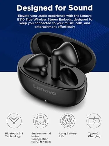 Lenovo ▫️ Auscultadores E310 True Wireless Stereo (sem fios, sensor tátil, porta Type-C, alcance de transmissão de 10 m, cancelamento de ruído ambiente, Bluetooth 5.3) – Cor: Preto 3